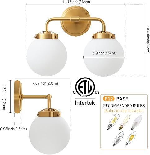 Miniatura 2 de Deyidn Lámparas de tocador de baño sobre el espejo, 2 luces de latón dorado moderno iluminación de pared con pantallas de bola de vidrio lechoso,