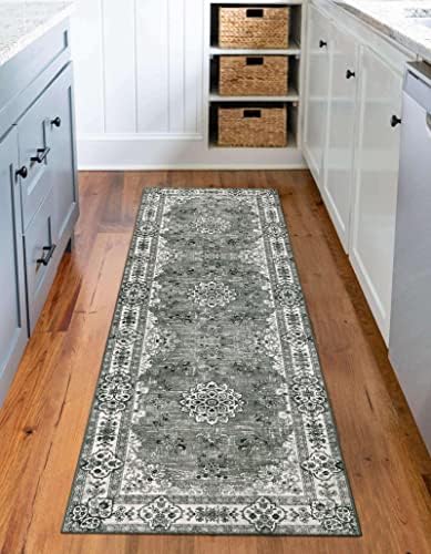 Lahome Ultra-Thin Machine Washable 2'6"x8 Runner Rug - Gray Carpet Runners for Hallway Kitchen Non-Slip, Soft Non-Shedding Oriental Bathroom Rug Runner for Doorway Laundry Room Entryway