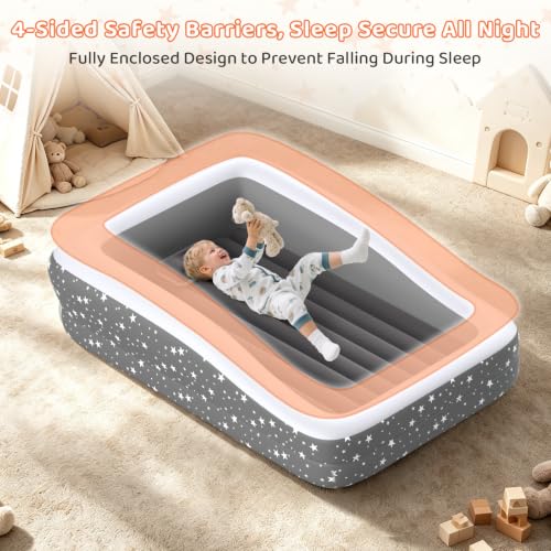 Image of Toddler Air Mattress Inflatable Kids Bed Blow Up Travel Mattress Rails Grey | 4-Sided Safety Rails, 30% Thicker Puncture-Resistant PVC, 20S Fast Inflation, Indoor & Outdoor Kids Bed with Pump & Pillow