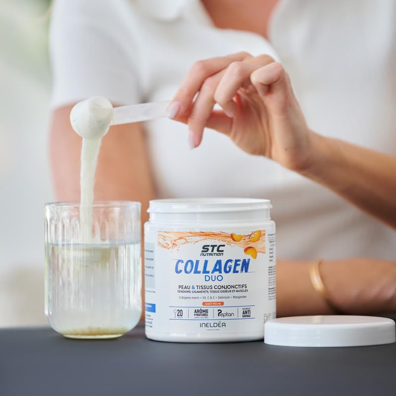 STC NUTRITION - Collagen Duo - Favorise la Santé de la Peau, des Os et des Articulations - Collagène Marin Type I + Vitamines C & E + Sélénium + Manganèse - Arôme naturel de pêche - 3 pots