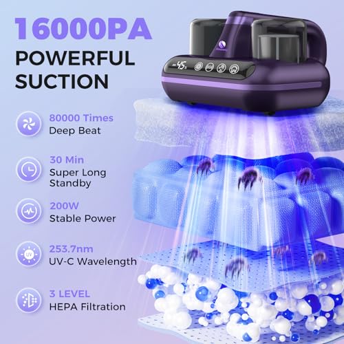 Bed Vacuum Cleaner - 5-in-1 Cordless Mattress Vacuum Cleaner, Powered by UV-C Light & Ultrasonic Technology, 16Kpa Strong Suction,Low Noise,Suitable for Dust, Pet Hair, Etc - Purple