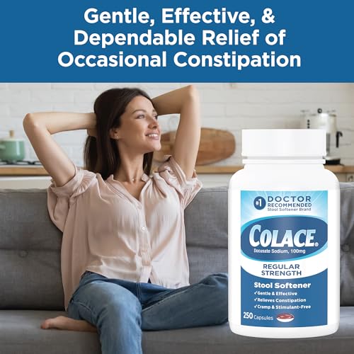 Image of Colace Stool Softener 100 mg, 250 Capsules, Constipation Relief, Docusate Sodium, Gentle Docusate, Stimulant-Free, Regular Strength, #1 Doctor Recommended Stool Softener Brand