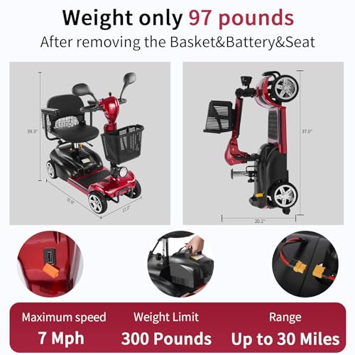 Image of Mobility Scooter for Seniors /Adults,20 /35 Miles up to 300lbs Capacity, 4 Wheels Mobility Scooters 350W 7MPH,USB Charging Detachable Lithium Battery with Rear Mirror