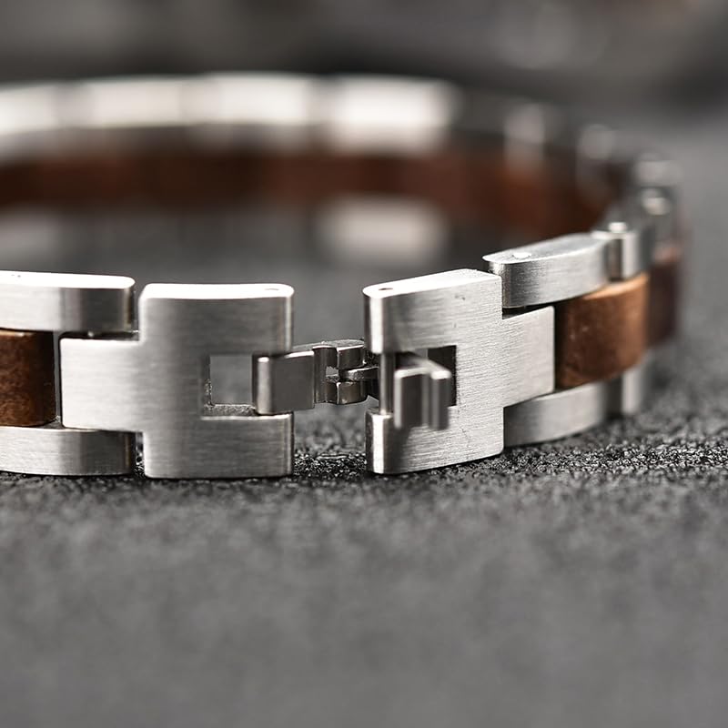 Herren Edelstahl Armband mit Edlen Holz Elementen Inklusive Geschenkbox und Werkzeug für die Größenanpassung 20 cm Länge, Massive und Stabile Ausführung