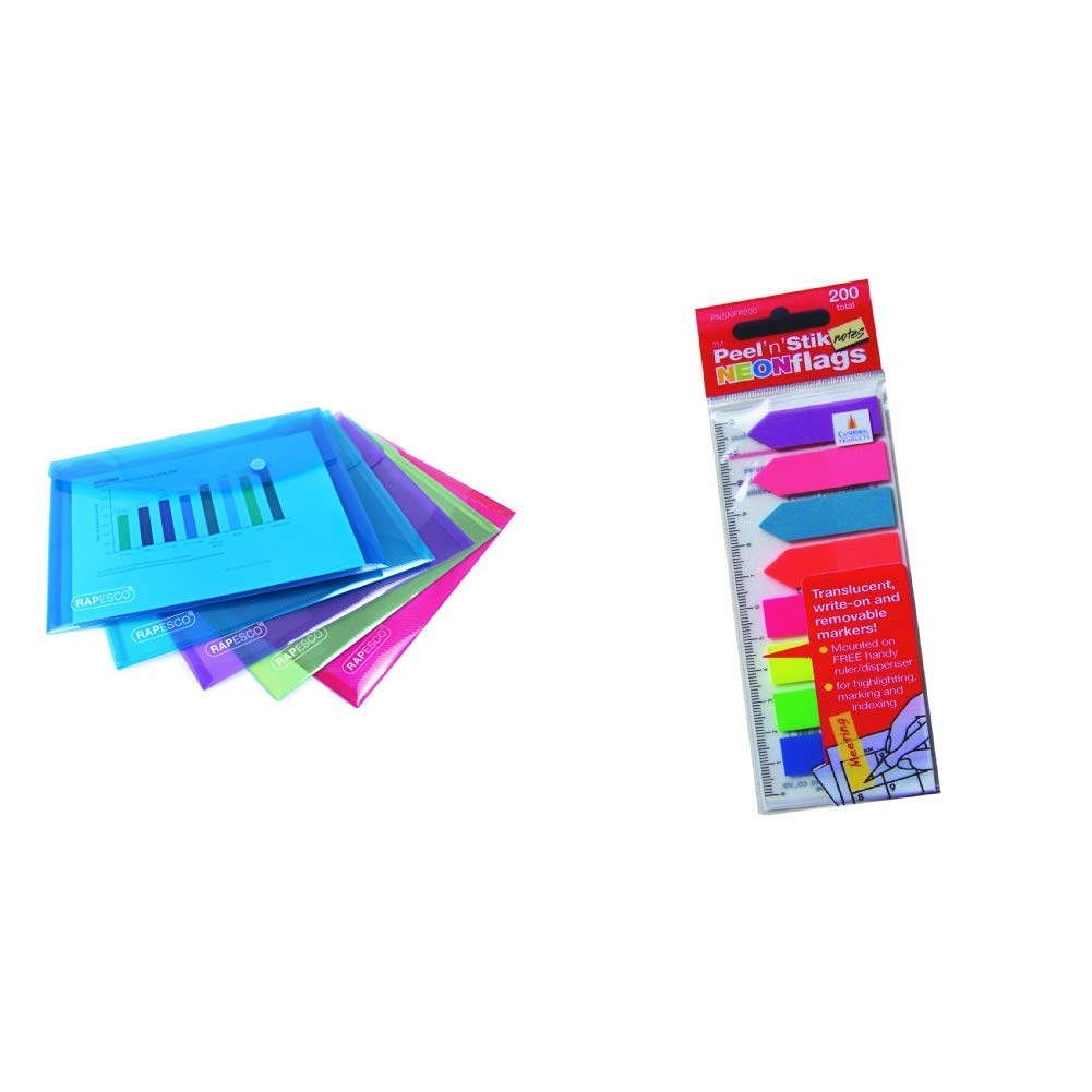 Rapesco 0689 A5 Plastic Popper Wallet, Assorted Transparent Colours, Pack of 5 &Cathedral Bright neon flags 200 individual flags multi coloured