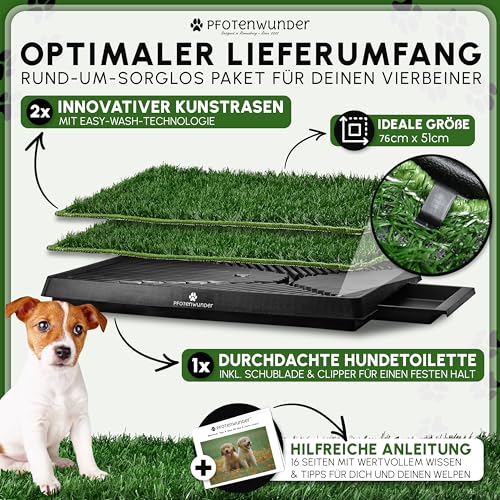 PFOTENWUNDER® Hundeklo XL 76x51cm + 2 Easy-Wash-Rasen, 1 Büchlein, Hunde-Toilette für kleine & große Hunde, Festes Gras & Anti-Rutsch, Welpen-Klo drinnen zuhause Gras Hundetoiletten Balkon Indoor WC