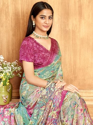 Image of Satrani Women's Silk Crepe Floral Printed Saree with Unstitched Blouse Piece