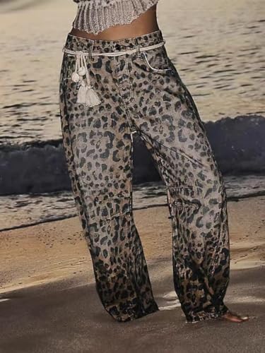 Women Leopard Barrel Jeans, Mid Rise Camo Pants Wide Leg Graphic Trousers Baggy Boyfriend Denim Pants with Pockets3