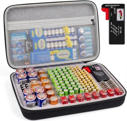 PAIYULE Battery Organizer Storage Box with Battery Tester (BT168), Case Bag holder fits for 140 Batteries AA AAA AAAA 9V C D Lithium 3V(Not Includes Batteries)