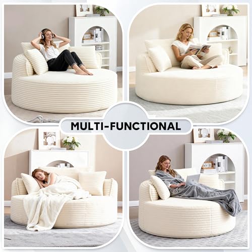 Image of Oversized Round Chair Lounge Chaise Indoor, 53.5 inch Upholstered Corduroy Deep Seat Single Cloud Sofa Chair, Fluffy Modern Large Circle Boneless Sleeper Sofa for Living Room, Bedroom, Beige White