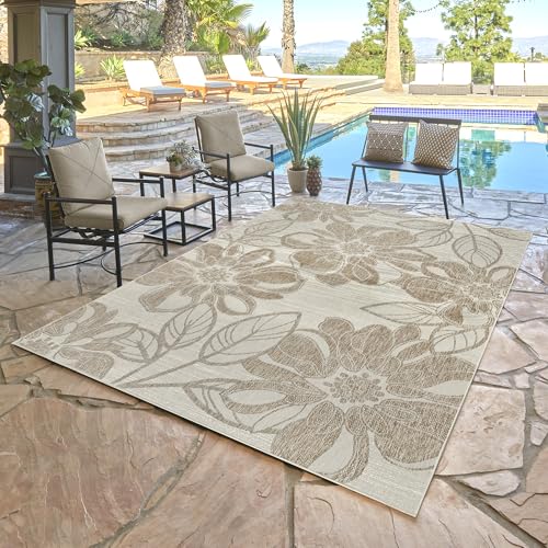 Gertmenian Indoor Outdoor Casual Area Rug - 5x7 Standard, Fade Resistant, Ideal for High Traffic in Living Room, Bedroom, Patio - Woodbury Floral, Beige, 28821