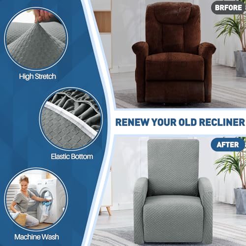 Image of YEMYHOM 3 Pieces Stretch Recliner Slipcover Jacquard Small Recliner Chair Cover with Side Pocket Anti-Slip Fitted Furniture Protector with Elastic Bottom (X-Small Recliner, Light Gray)