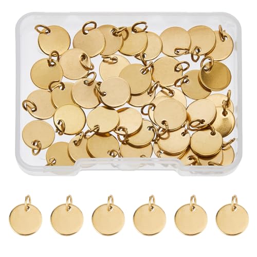 SUPERFINDINGS Juego de 40 colgantes grabados en acero inoxidable 304 - 10 mm - Disco dorado plano redondo con anillos de salto para collar, pulsera, pendientes, agujero: 3,5 mm