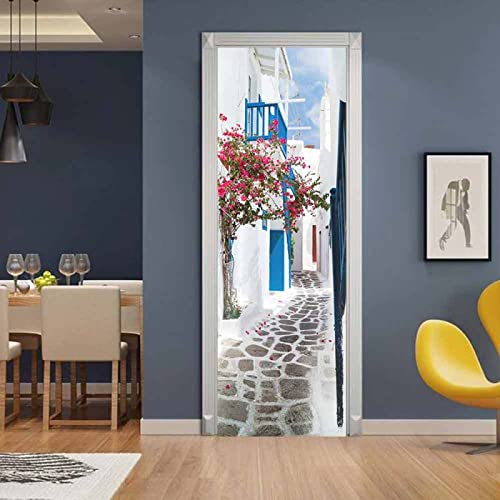 Stickers Porte 3D 77X200Cm Papier Peint Bâtiment De Ruelle De Maison Poster De Porte Trompe L'Oeil Pour Maison Décoration Salon Chambre Autocollant Muraux...