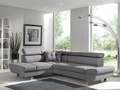 Best Mobilier - Canapé d'angle Convertible Lisbona - Canapé 5 Places, L 252 x P 190 - Têtières Réglables - Fabriqué en Europe - Gauche, Gris Clair