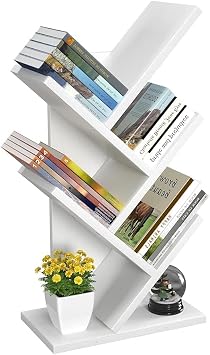 iSunirm 5-Tier Tree Bookshelf, Floor Standing Bookcase, Modern Wood Book Shelf for Bedroom, Living Room, Home Office, 38x20x77cm, White