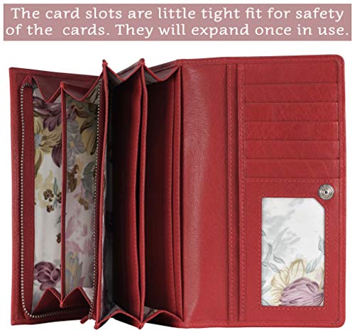 Image of Women's Top Grain Leather Wallet, RFID Blocking Bifold clutch, 17 Card Slots, Zip Pocket Organizer, Elegant Gift for Women - Birthday, Valentine, Anniversary - RED