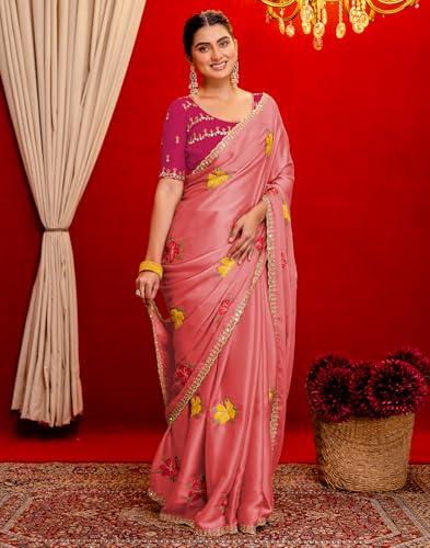 Image of SIRIL Women's Embroidery, Mirror Work, Scalloped Border Shimmer Georgette Saree With Unstitched Blouse Piece