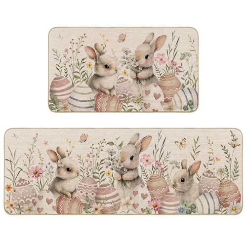 Mocsicka Easter Bunny Kitchen Rugs Set of 2 Cute Rabbit Happy Easter Non Slip Kitchen Mats Spring Home Decor Kitchen Floor Rugs for Hallway Laundry Room 17x30+17x47
