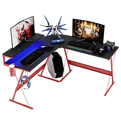 Modern L Shaped Gaming Desk with RGB LED Lights,Domy Home Computer Corner Desk PC Laptop Writing Study Workstation, Space-Saving Large Stand Desk for Home Office, Easy to Assemble Red