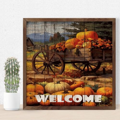 Cadre bois Welcome Retro rustique pour décoration murale d'automne, citrouille et Halloween