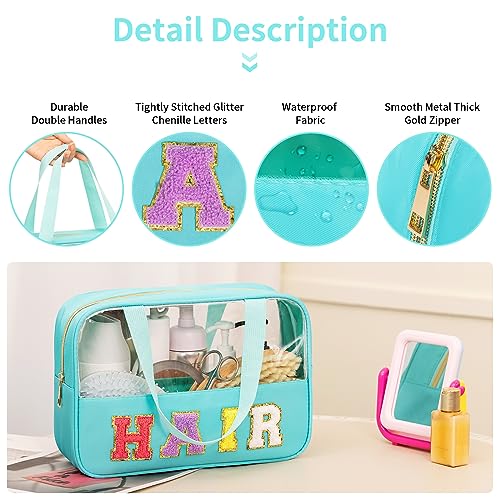 eurovicky Chenille Letter Patch Clear Makeup Bag, Preppy PVC&Nylon Makeup Bag with Handle and Zipper, Waterproof Large Clear Travel Toiletry Bag Storage Bag for Women3