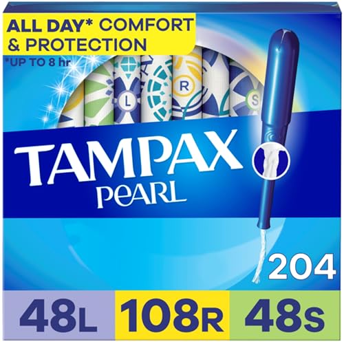 Tampax Pearl Tampons for Women Multipack, with LeakGuard Braid, Light/Regular/Super Absorbency, Unscented, 204 Count (6 Packs of 34)