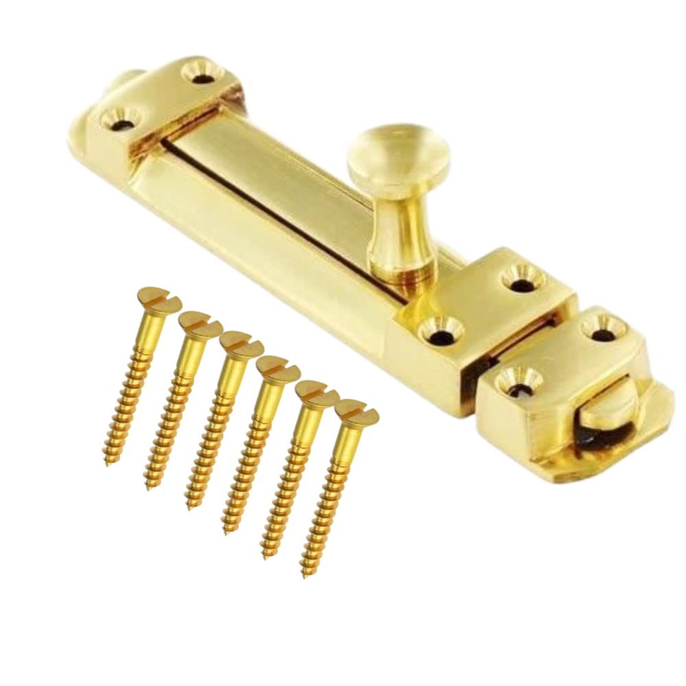 Sisi Uk Brass Door Bolts 4 Inch Flat Bolt Surface Door Latches Tower Bolt Sliding Lock Flat Slide Safety Door Barrel Bolt With Screws 1 Pack.