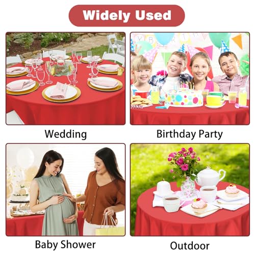 Image of Kopokita 2 Pack Red Round Disposable Plastic Tablecloths 84 inch | Party Table Covers for Birthday, Wedding, Valentines, Mothers Day, Christmas Decorations