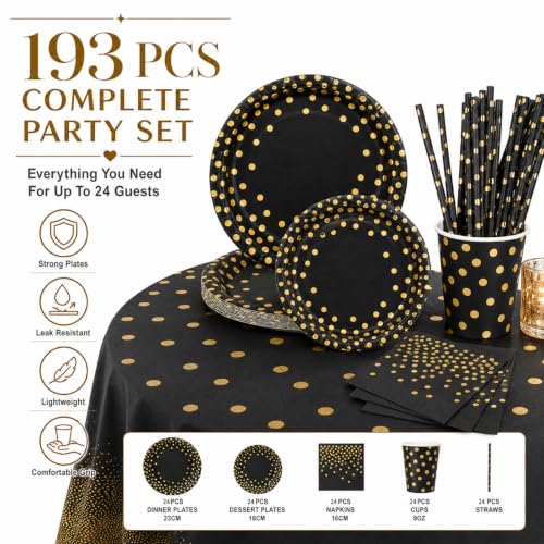 Nkaiso 193 Stück Schwarzesgold Pappteller Partygeschirr Set -24 Gäste – Ansicht 4