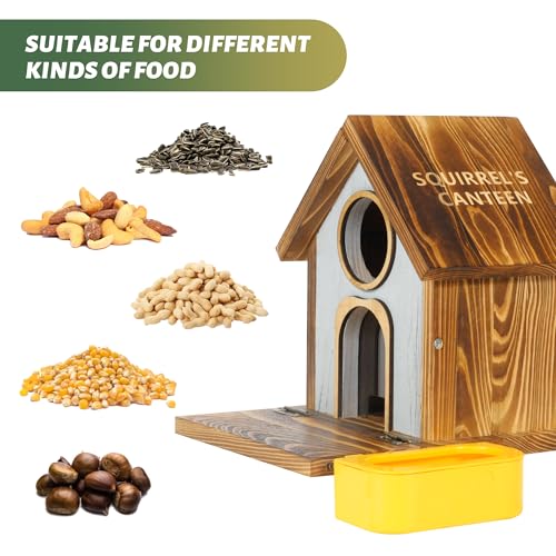 MIXXIDEA Wooden Squirrel Feeder, Large Capacity Squirrels Feeders for Outside, Sturdy Construction, No Assembly Lovely Chipmunk Feeder for Corn, Peanut, Nuts, Chestnuts (XL Size with Water Bowl)