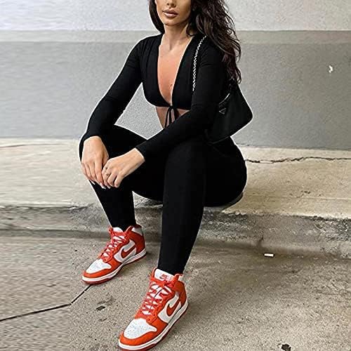 Azhong Women's Sexy Cut Out Bodycon Jumpsuit Lace Up Front V Neck One Piece Outfit Long Sleeve Rompers - Image 4