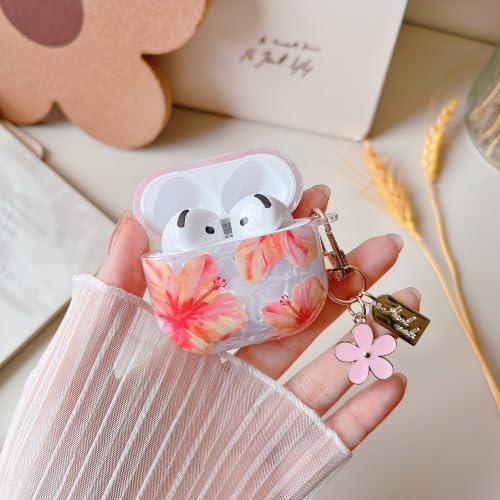 Image of MINSCOSE for Cute Glitter AirPods 4 Clear Case,Shell Pattern Hibiscus Flower Design with Kawaii Floral Keychain,Soft TPU Protective Cover with Cleaner Kit for Girls Women for AirPods 4-Red