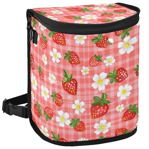 Image of Strawberry Florals Checkered Plaid Car Trash Can Car Garbage Bag with Lid Hanging Waterproof Leak Proof Vehicle Storage Bin