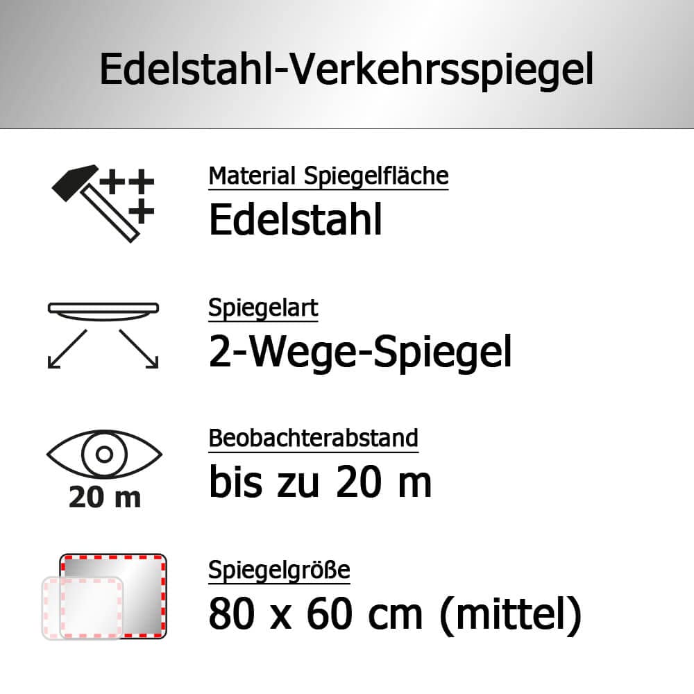 Edelstahl-Verkehrsspiegel mit Kunststoffrahmen, rot/weiß, rechteckig, 80 x 60 cm aus Stahl, Kunststoff, Art.-Nr. 41051 | Sicherheitsspiegel | Straßenspiegel