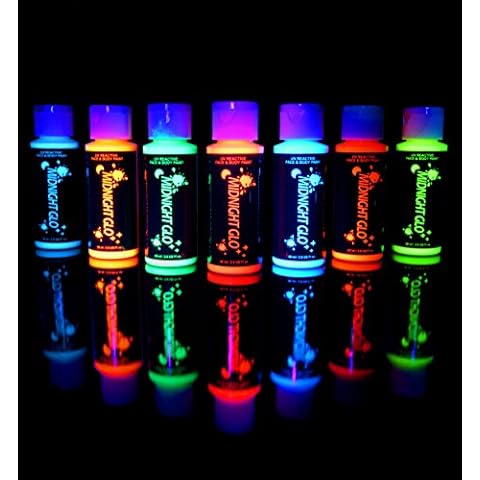 Midnight Glo UV Neon Face & Body Paint Glow Kit (7 Bottles 2 oz. Each) Black Light Reactive Fluorescent Paint - Safe, Washes Off Skin, Non-Toxic Cover