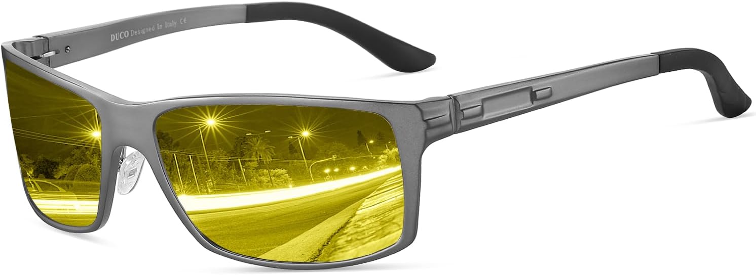 DUCO Night Vision Glasses For Men Night Time Driving Glasses For Men Anti Glare Black Square 9018Y (Gunmetal Frame Night Vision Lens)