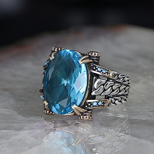 Curb Cuban Link Chain Design 925 Sterling Silver Aquamarine Stone Men's Ring, Handmade Silver Ring for Men, Blue Aquamarine Stone Ring, Man Silver Aquamarine Stone Ring4