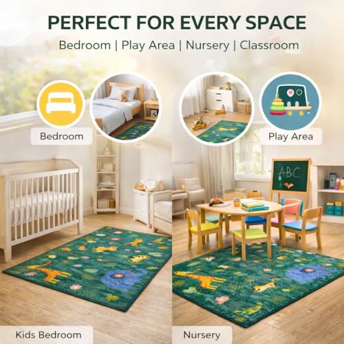 Image of Matz&More Kids Play Area Rug | 100x150 cm | Green Jungle Animal Design| Soft Nylon Loop Pile Carpet with Anti-Slip Backing | Children's Play, Bed & Classroom Floorings