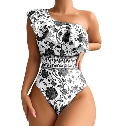 Generisch 2026 Traje de baño de una pieza con estampado fruncido, bikini conservador y adelgazante, Negro , S