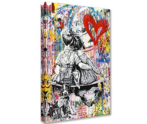 Tucocoo Street Art Canvas Paintings Graffiti Banksy Wall Art Abstract Little Boy and Girl Pictures Modern Artwork Home Decor for Living Room Bedroom Office Framed Ready to Hang 24x36 inch x1 Piece
