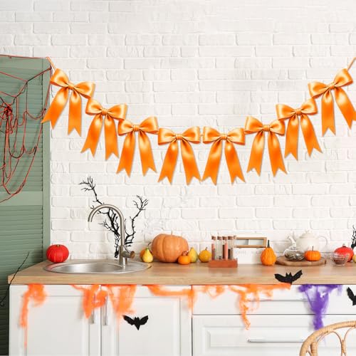 Image of 2 Strings of 16PCS Golden Yellow Bow Garlands Banner Decoration,Pre-Strung Satin Ribbon Ornaments for Birthday,Christmas,The Fall Festival,Thanksgiving,Halloween,Anniversary,Wedding,Baby Shower