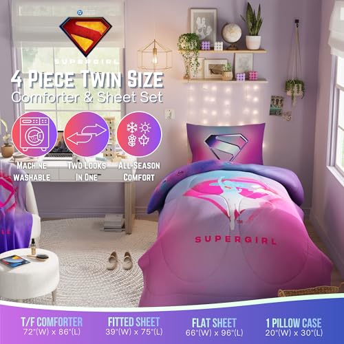 Image of Supergirl Movie Bedding Set, Twin Size, 4-Piece Super Soft Cozy Reversible Comforter & Sheet Set (Officially Licensed Product) by Franco