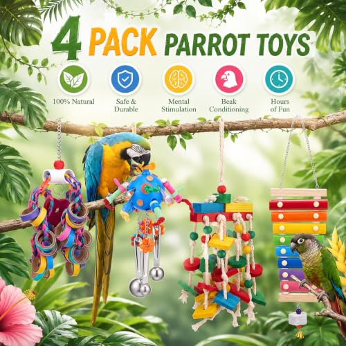 Image of Seenelling 4 Pcs Extra Large Bird Toys for Parrots, Ring and Ball | Multicolored Natural Wooden Blocks & Beads Bells, Bird Cage Chewing Toys for Large Medium Macaws African Grey Cockatoos