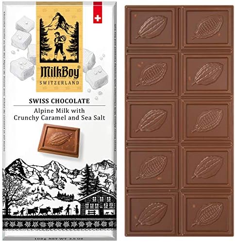 Milkboy Swiss Milk Chocolate Salted Caramel - Alpine Milk Chocolate Bars with Crunchy Caramel Sea Salt - Gluten-Free Non-GMO All Natural - Chocolates Candy Made in Switzerland - 3.5 oz - 5 Pack
