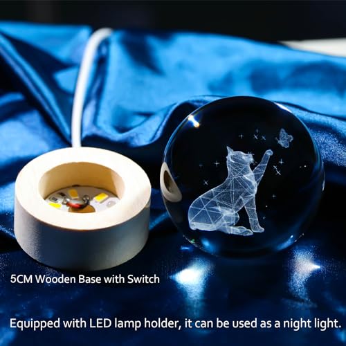 Image of Arikyrist 3D Crystal Ball Decor, Cat Figurines With Wooden Base, LED Laser Engraved Glass Sphere Gifts for Cat Lovers, (7.6 x 6.1 x 7.6 cm)