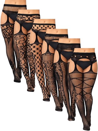 Jadive 6 Pairs Women Plus Size Fishnet Thigh High Stockings Suspender Garter Belt Lingerie Pantyhose Tights Fits XL-XXXXL