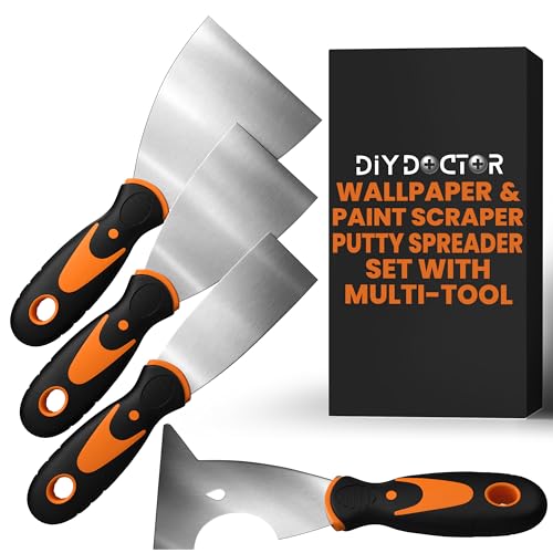 DIY Doctor 4-Piece Wallpaper Scraper Set – Includes 3 Strippers & 1 Multifunctional Putty Scraper – Paint Scraper Tools in Sizes 1.5", 2.5", 3.5" – Perfect for Wallpaper Removal, DIY & Painting Tasks