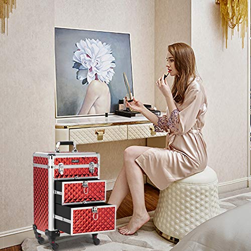 Mefeir Aluminum Rolling Makeup Train Case, Portable Makeup Organizer Suitcase, Cosmetic Storage Box, Travel Beauty Luggage Trolley Lockable W/4 Removable Wheels & 2 Sliding Drawers (Red) #TOP6