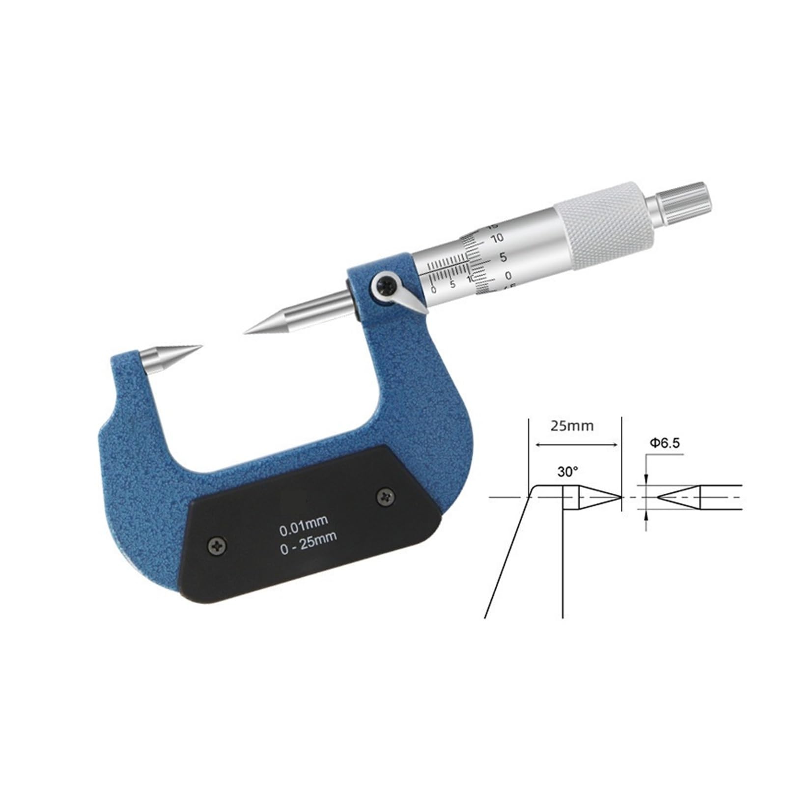 Micrómetro de tornillo mecánico de 0 a 25 mm, calibrador micrométrico, herramienta de medición Mide cualquier cosa(FLAT-POINTED TIP 60°)